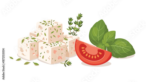 Delicious feta cheese cubes garnished with thyme and served with a fresh tomato slice and basil leaves, perfect for Mediterranean cuisine.