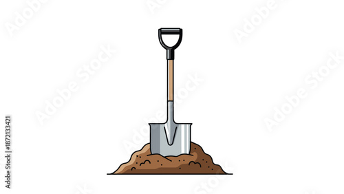 Metal shovel planted in a pile of brown soil, symbolizing gardening, digging, and agricultural work or construction.