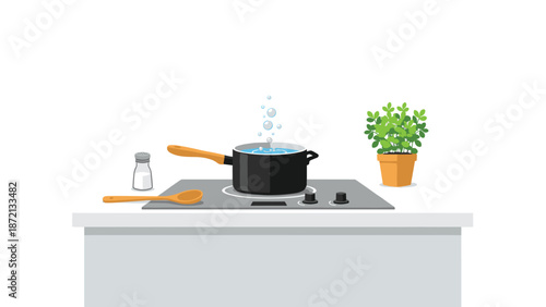 Pot of boiling water on an induction hob with salt shaker and wooden spoon nearby, illustrating meal preparation in a modern kitchen.