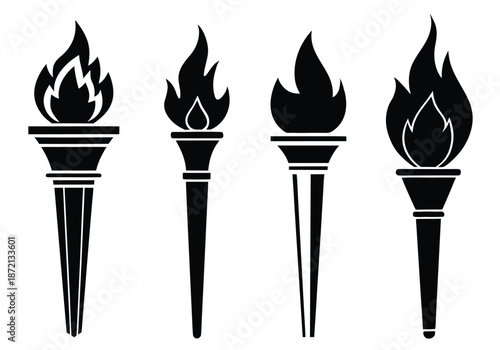 Torch Silhouette Vector Set, Black Burning Fire Flame Icons