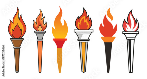 Flat Vector Torch Set: Colorful Burning Fire and Flame Illustrations
