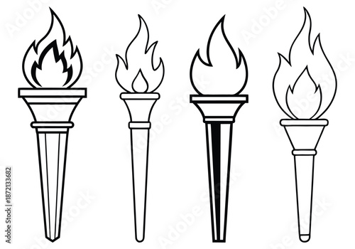 Torch Line Art Vector,  Burning Fire Flame Outline Icons