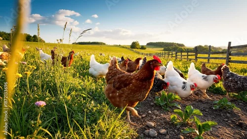 Flock of Free-Range Chickens Grazing and Pecking for Food in a Lush Green Field on a Sunny Day