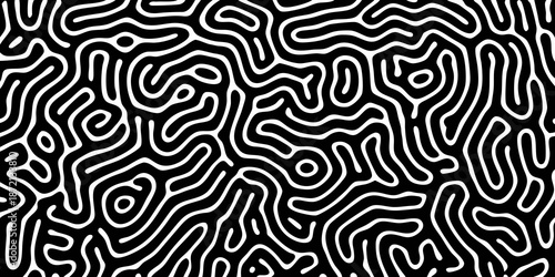 Intricate black and white abstract lines forming a complex organic pattern
