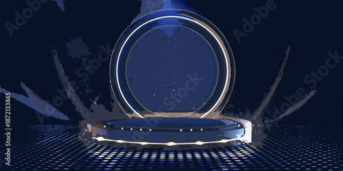 A futuristic glowing portal stands on a pedestal in a dark setting