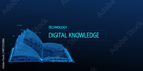 Open book with glowing digital data and technology overlay on dark background