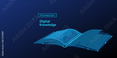Open book with a world map glowing inside representing digital knowledge and technology