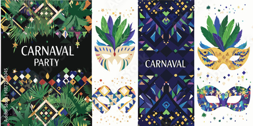 Colorful carnival mask designs and tropical leaf patterns on festive banners