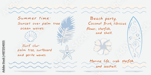 Summer beach illustration featuring palm trees surfboards and marine life elements