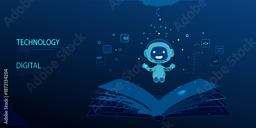 Digital learning and technology a futuristic robot exploring knowledge through books