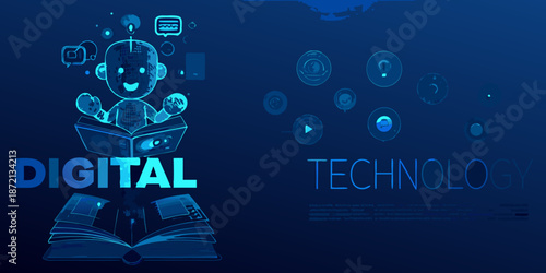 Digital technology and artificial intelligence a robot learning from an open book