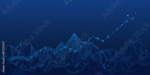 Abstract blue background depicts a rising graph over mountainous terrain