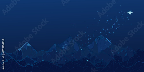 A dark blue landscape with silhouetted mountains and a starry night sky