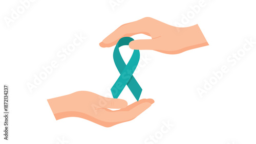 Two gentle hands delicately hold and present a vibrant teal awareness ribbon, symbolizing support for various health causes.