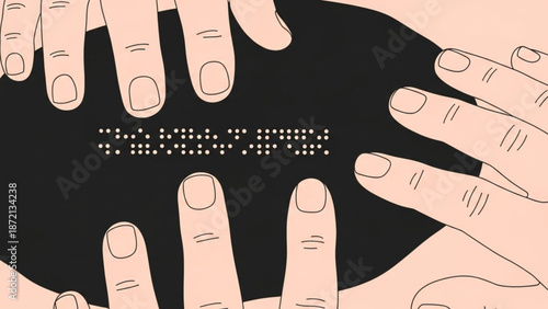 Fingers reading braille text on a black background closely with accessibility and tactile and literacy and disability and sensory and education