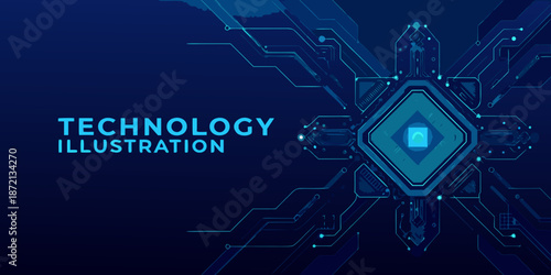 Abstract technological background with a glowing central diamond shape and circuit patterns