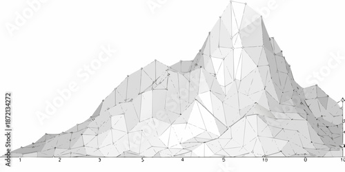 A grayscale wireframe rendering depicting a jagged mountain peak landscape