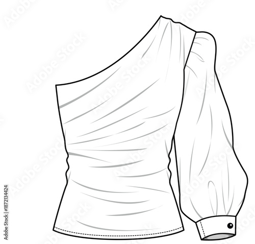 womens bishop sleeve one shoulder blouse flat sketch vector illustration technical cad drawing template