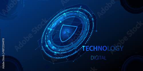 Futuristic digital security interface with glowing shield and technological network elements