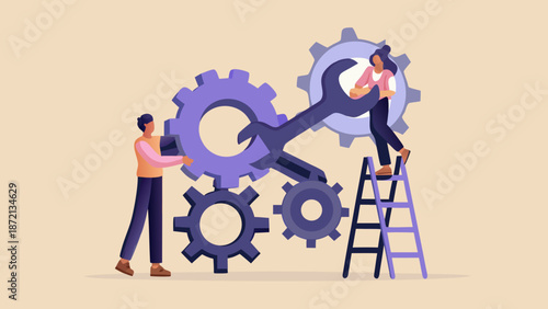 Teamwork and innovation people repairing large gears with a wrench