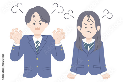 怒っている学生男女のイラスト　ポーズ