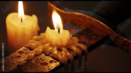 Two Lit Candles Illuminating a Dark Room with Warm Glow and Intricate Details.