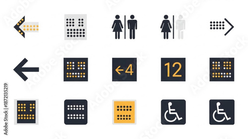 A collection of braille and tactile signage icons including arrows numbers and symbols for accessibility and navigation with accessible and disability