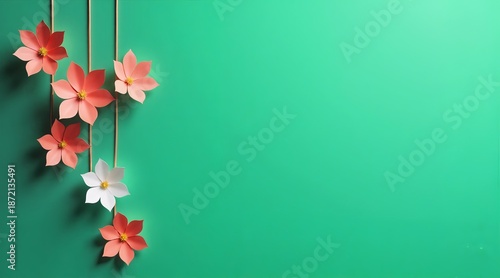 String of Paper Cut  Blossoms on Emerald Green