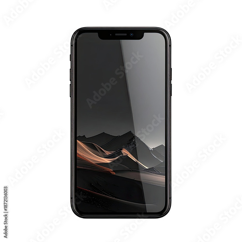Black smartphone displays a mountain range wallpaper on a dark background