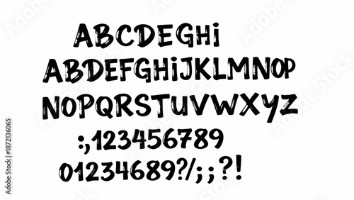 Dynamic handwritten brushstroke font showcasing full alphabet, numerals, and punctuation, offering a playful and authentic style for diverse graphic design projects