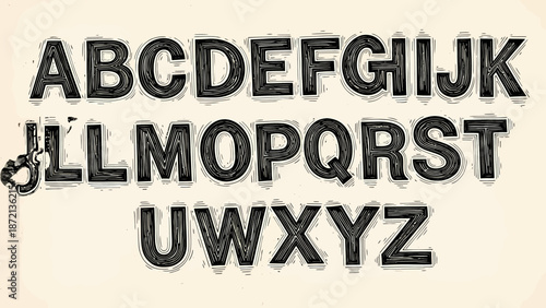 Artistic complete English alphabet illustration featuring a charming hand-sketched and whisked graphic style, ideal for decorative typography designs and creative projects