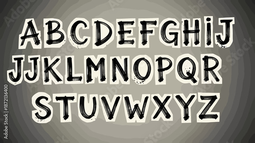 Artistic uppercase alphabet in a textured, hand-drawn style, perfect for creative graphic design projects, educational materials, and unique decorative typography