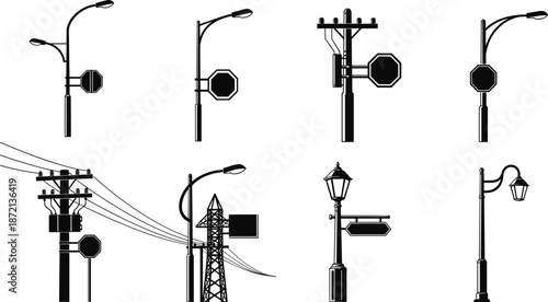 Street light and utility pole silhouette set featuring traffic signs, power lines, and urban street infrastructure elements design illustration
