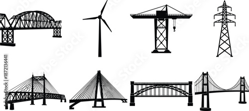 Industrial infrastructure silhouettes set including bridges, wind turbine, crane and power transmission tower in black isolated vector style