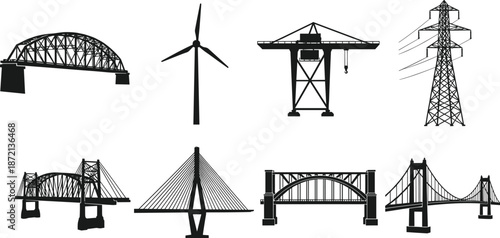 Infrastructure and engineering silhouette icon set featuring bridges, wind turbine, crane, and power transmission tower for industrial and energy concepts
