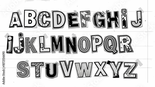 Dynamic and expressive hand-drawn alphabet with a playful, distressed flair, featuring unique typography ideal for creative graphic design and engaging visual communication projects
