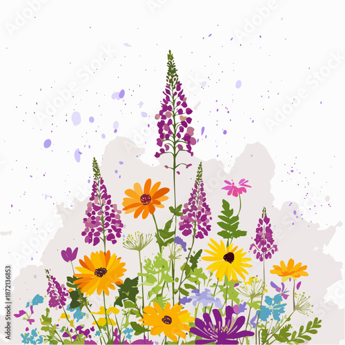 Top-heavy wildflower layout with blooms concentrated at the top,