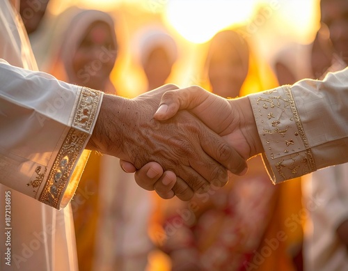 Close-up of hands shaking in forgiveness during Eid celebration
