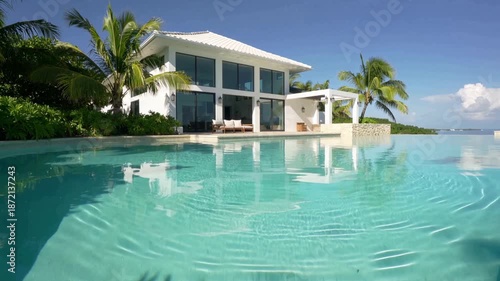 Wallpaper Mural Beautiful contemporary villa with a stunning infinity swimming pool reflecting the bright blue sky. Idyllic tropical vacation resort offering a serene and exclusive escape on a sunny summer day Torontodigital.ca