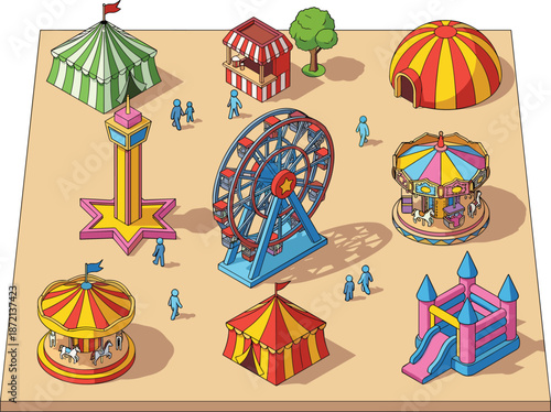 Isometric amusement park illustration, colorful carnival rides with ferris wheel, carousel and tents, fun fair entertainment scene, outdoor festival vector artwork