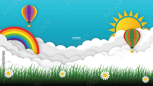 A vibrant illustration featuring hot air balloons, a rainbow, sun, and fluffy clouds.