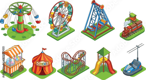 Isometric amusement park rides illustration, colorful carnival attractions including ferris wheel, roller coaster, swing ride, circus tent and food cart, fun fair vector