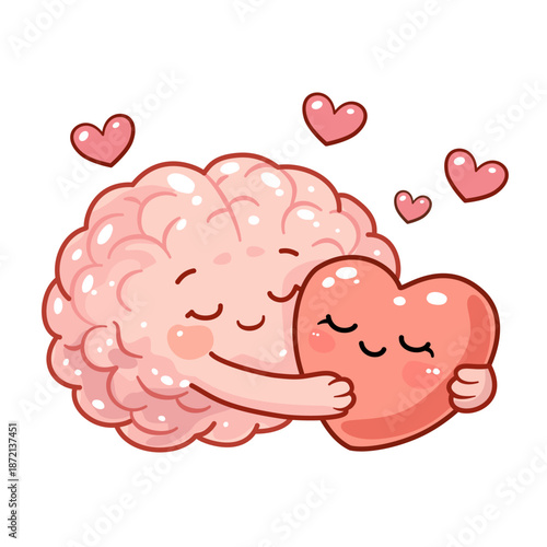 Cute cartoon brain hugging a heart character. Vector illustration of mind and emotion, Mental health and Self-love concept. Happy brain character embracing a heart with love. 