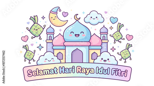Sweet and charming mosque illustration for an Eid al-Fitr celebration, adorned with a smiling crescent moon, stars, happy clouds, and decorative ketupat in soft pastel colors