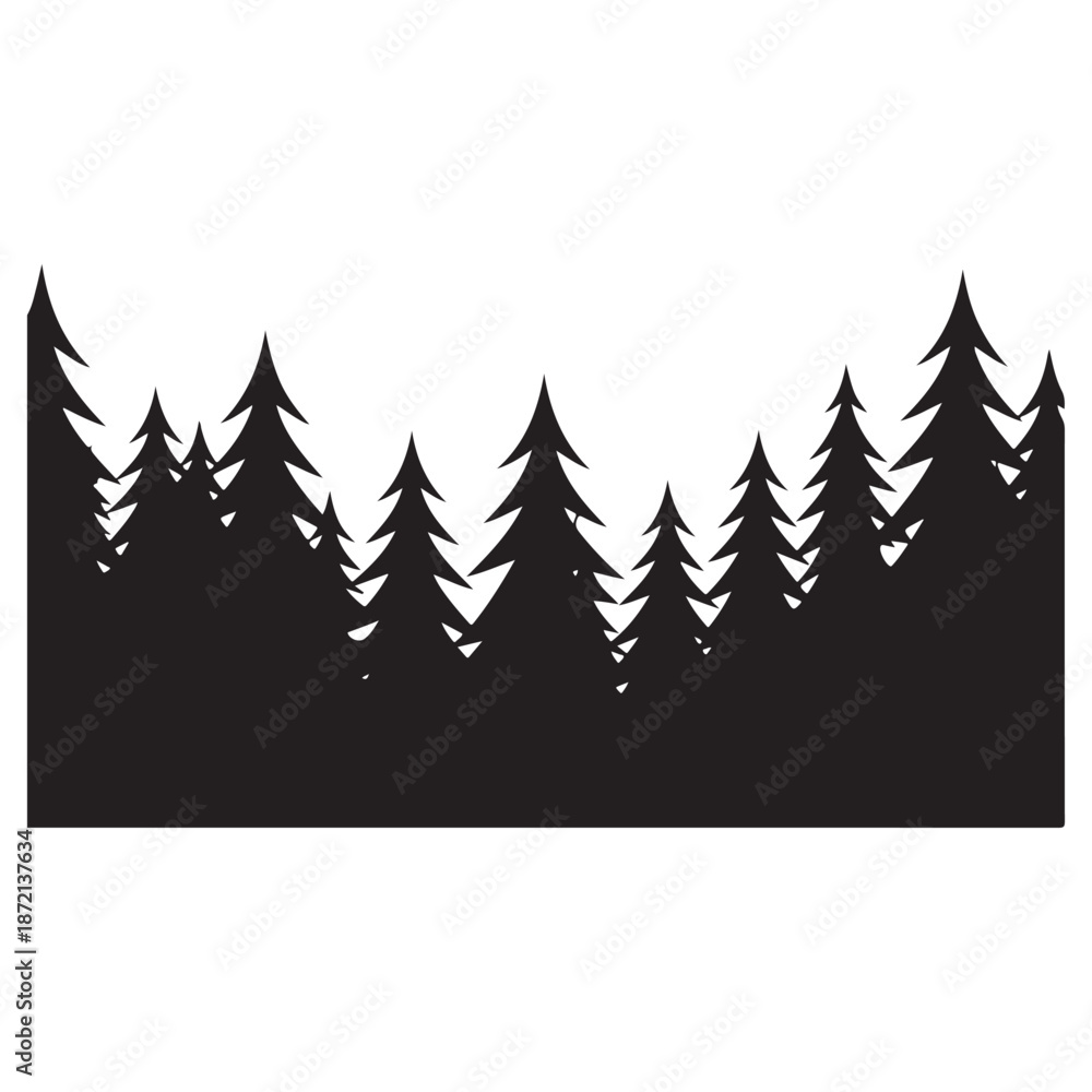 Obraz premium Dense forest of evergreen trees in silhouette against white background