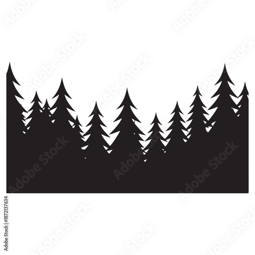 Dense forest of evergreen trees in silhouette against white background