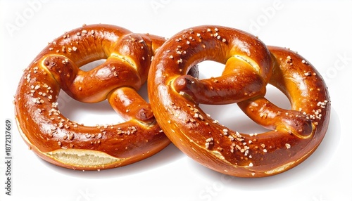 Two golden-brown soft pretzels with coarse salt on a white background, side by side.