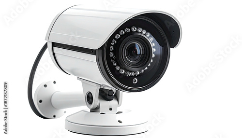 Realistic close-up of a white security camera, focusing on the lens