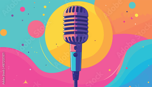 Vintage Microphone Illustration with Retro Design and Vibrant Colors.