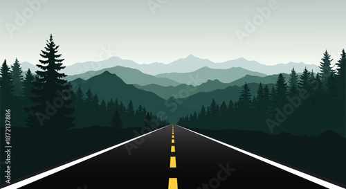 A winding road stretches forward through a serene mountain landscape with dark forests